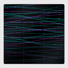 Магнитный плакат 3Х3 с принтом Неоновые тонкие нити  в Кировске, Полимерный материал с магнитным слоем | 9 деталей размером 9*9 см | Тематика изображения на принте: детский | любовь | неоновый узор | полосы | сердечки | сердце | темный | тонкие полоски | черный