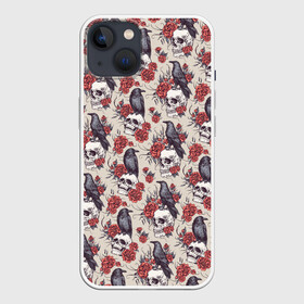 Чехол для iPhone 13 с принтом Skull raven в Кировске,  |  | art | flowers | gothic | pattern | raven | roses | skull | арт | ворон | готика | паттерн | розы | цветы | череп