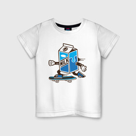 Детская футболка хлопок с принтом Пачка молока на скейте в Кировске, 100% хлопок | круглый вырез горловины, полуприлегающий силуэт, длина до линии бедер | коробка | молоко | молочко | пачка молока | скейт | упаковка