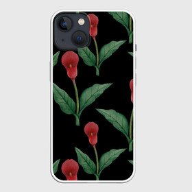 Чехол для iPhone 13 с принтом Красные каллы на черном в Кировске,  |  | 8 марта | flowers | march 8 | spring | ботаническая иллюстрация | весна | день рождения | зеленый | каллы | красный | лето | любовь | праздник | принт | природа | растения | цветы | черный