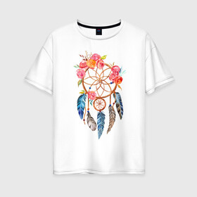 Женская футболка хлопок Oversize с принтом Ловец снов в Кировске, 100% хлопок | свободный крой, круглый ворот, спущенный рукав, длина до линии бедер
 | акварель | ловец снов | перья | рисунок | цветы