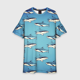 Детское платье 3D с принтом Акулы Паттерн в Кировске, 100% полиэстер | прямой силуэт, чуть расширенный к низу. Круглая горловина, на рукавах — воланы | Тематика изображения на принте: shark | акулы | иллюстрация | морские жители | морские обитатели | паттерн | рисунок | рыбы