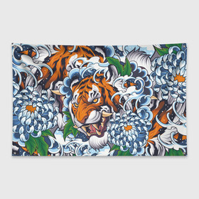 Флаг-баннер с принтом Тигр в Кировске, 100% полиэстер | размер 67 х 109 см, плотность ткани — 95 г/м2; по краям флага есть четыре люверса для крепления | дикая кошка | зверь | клык | крупная кошка | тигр | хищник | хризантема | цветы | япония