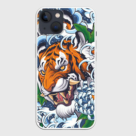 Чехол для iPhone 13 с принтом Тигр в Кировске,  |  | дикая кошка | зверь | клык | крупная кошка | тигр | хищник | хризантема | цветы | япония