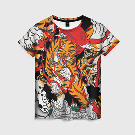 Женская футболка 3D с принтом Самурайский тигр в Кировске, 100% полиэфир ( синтетическое хлопкоподобное полотно) | прямой крой, круглый вырез горловины, длина до линии бедер | воин | год тигра | закат | крупная кошка | полосы | тигр | тигриная лапа | хищник