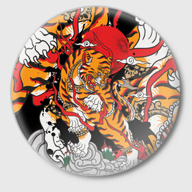 Значок с принтом Самурайский тигр в Кировске,  металл | круглая форма, металлическая застежка в виде булавки | Тематика изображения на принте: воин | год тигра | закат | крупная кошка | полосы | тигр | тигриная лапа | хищник