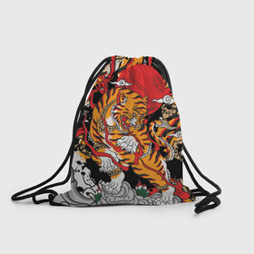 Рюкзак-мешок 3D с принтом Самурайский тигр в Кировске, 100% полиэстер | плотность ткани — 200 г/м2, размер — 35 х 45 см; лямки — толстые шнурки, застежка на шнуровке, без карманов и подкладки | воин | год тигра | закат | крупная кошка | полосы | тигр | тигриная лапа | хищник
