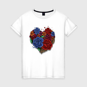 Женская футболка хлопок с принтом Цветочное сердце в Кировске, 100% хлопок | прямой крой, круглый вырез горловины, длина до линии бедер, слегка спущенное плечо | colorful | love | иллюстрация | роза | цветок | цветы