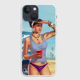 Чехол для iPhone 13 mini с принтом girl with coffee в Кировске,  |  | art | beach | car | game | grand theft auto v | gta 5 | gta online | sand | sky | арт | гта 5 | гта онлайн | игра | машина | небо | песок | пляж