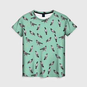 Женская футболка 3D с принтом Голуби на зеленом в Кировске, 100% полиэфир ( синтетическое хлопкоподобное полотно) | прямой крой, круглый вырез горловины, длина до линии бедер | pigeon | голуби | голубь | домашние голуби | зеленый | иллюстрация | паттерн | птицы | рисунок