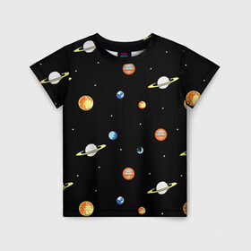 Детская футболка 3D с принтом Планеты в космосе в Кировске, 100% гипоаллергенный полиэфир | прямой крой, круглый вырез горловины, длина до линии бедер, чуть спущенное плечо, ткань немного тянется | венера | звезды | земля | иллюстрация | космос | паттерн | планеты | рисунок | сатурн | черный | юпитер