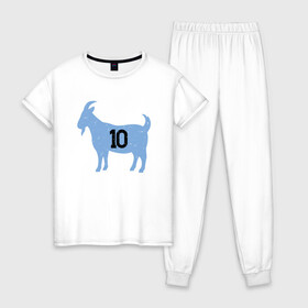Женская пижама хлопок с принтом GOAT - Maradona в Кировске, 100% хлопок | брюки и футболка прямого кроя, без карманов, на брюках мягкая резинка на поясе и по низу штанин | argentina | diego | football | maradona | messi | аргентина | гол | диего | игрок | марадона | месси | мяч | рука бога | спорт | футбол | футболист | чемпион