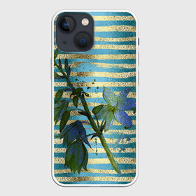 Чехол для iPhone 13 mini с принтом Сумеречные цветы и золото в Кировске,  |  | акварель | бирюзовые | брызги | вечер | женственный | золотистые | золото | золотые | полоски | сумерки | цветок | цветочки | цветочный | цветы