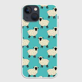 Чехол для iPhone 13 mini с принтом Овечки паттерн на бирюзовом в Кировске,  |  | анималистичный принт | бирюзовый | бирюзовый цвет | животные | звери | иллюстрация | овечки | овца | овцы | паттерн | ферма | черное копытце | ягненок