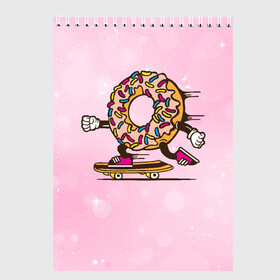 Скетчбук с принтом Пончик на скейте в Кировске, 100% бумага
 | 48 листов, плотность листов — 100 г/м2, плотность картонной обложки — 250 г/м2. Листы скреплены сверху удобной пружинной спиралью | donkey | sport | пончик | скейт | скорость | сладость