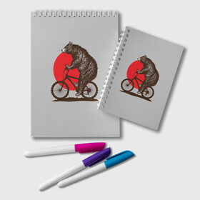 Блокнот с принтом Медведь на велосиеде в Кировске, 100% бумага | 48 листов, плотность листов — 60 г/м2, плотность картонной обложки — 250 г/м2. Листы скреплены удобной пружинной спиралью. Цвет линий — светло-серый
 | вело | велосипед | медведь | солнце | спорт | япония