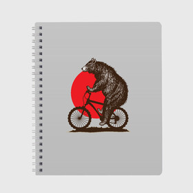 Тетрадь с принтом Медведь на велосиеде в Кировске, 100% бумага | 48 листов, плотность листов — 60 г/м2, плотность картонной обложки — 250 г/м2. Листы скреплены сбоку удобной пружинной спиралью. Уголки страниц и обложки скругленные. Цвет линий — светло-серый
 | вело | велосипед | медведь | солнце | спорт | япония