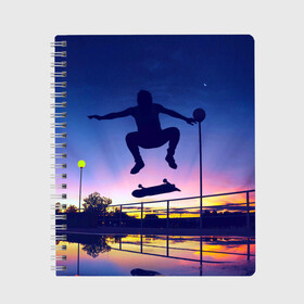 Тетрадь с принтом Skateboarding в Кировске, 100% бумага | 48 листов, плотность листов — 60 г/м2, плотность картонной обложки — 250 г/м2. Листы скреплены сбоку удобной пружинной спиралью. Уголки страниц и обложки скругленные. Цвет линий — светло-серый
 | Тематика изображения на принте: board | man | skate | skateboard | skateboarder | skateboarding | sport | street | sunset | доска | закат | скейт | скейтборд | скейтбординг | скейтбордист | спорт | улица | человек
