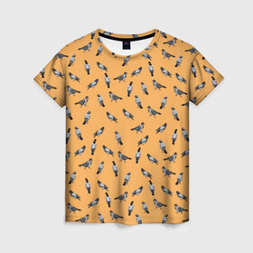 Женская футболка 3D с принтом Голуби паттерн на желтом в Кировске, 100% полиэфир ( синтетическое хлопкоподобное полотно) | прямой крой, круглый вырез горловины, длина до линии бедер | голуби | голубь | домашние голуби | желтый | иллюстрация | паттерн | птица | птицы