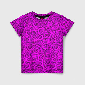 Детская футболка 3D с принтом Яркий цветочный неоновый узор в Кировске, 100% гипоаллергенный полиэфир | прямой крой, круглый вырез горловины, длина до линии бедер, чуть спущенное плечо, ткань немного тянется | детский | женский | малиновый | неоновый узор | розы | ярко розовый