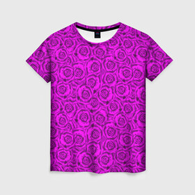 Женская футболка 3D с принтом Яркий цветочный неоновый узор в Кировске, 100% полиэфир ( синтетическое хлопкоподобное полотно) | прямой крой, круглый вырез горловины, длина до линии бедер | детский | женский | малиновый | неоновый узор | розы | ярко розовый