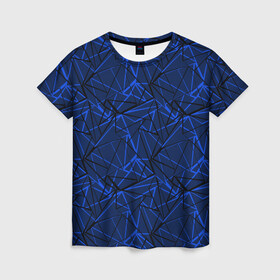 Женская футболка 3D с принтом Черно-синий геометрический   в Кировске, 100% полиэфир ( синтетическое хлопкоподобное полотно) | прямой крой, круглый вырез горловины, длина до линии бедер | абстрактный | геометрические фигуры | геометрический | модный | молодежный | полосы | синий | синий и черный