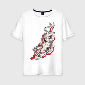 Женская футболка хлопок Oversize с принтом Тигр самурая в Кировске, 100% хлопок | свободный крой, круглый ворот, спущенный рукав, длина до линии бедер
 | tiger | год тигра | животное | кошки | огонь | самурай | тигр | хищник | япония