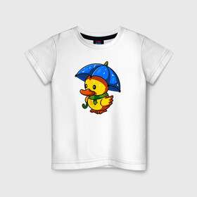 Детская футболка хлопок с принтом Утенок под зонтом в Кировске, 100% хлопок | круглый вырез горловины, полуприлегающий силуэт, длина до линии бедер | duck | дождь | зонт | милота | птица | утенок | утка | утка в шарфе