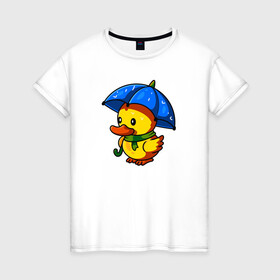 Женская футболка хлопок с принтом Утенок под зонтом в Кировске, 100% хлопок | прямой крой, круглый вырез горловины, длина до линии бедер, слегка спущенное плечо | duck | дождь | зонт | милота | птица | утенок | утка | утка в шарфе