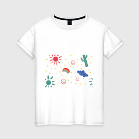 Женская футболка хлопок с принтом детский рисунок в Кировске, 100% хлопок | прямой крой, круглый вырез горловины, длина до линии бедер, слегка спущенное плечо | горошек | детский | радуга | рисунок | смайлик | солнышко