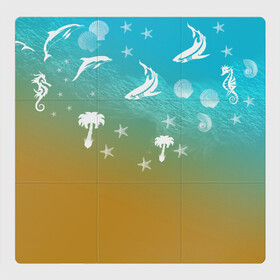 Магнитный плакат 3Х3 с принтом Морское ассорти в Кировске, Полимерный материал с магнитным слоем | 9 деталей размером 9*9 см | акулы | волна | дельфины | море | морепродукты | морские животные | морской | пальмы | песок | ракушки | рыбы