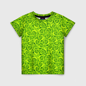 Детская футболка 3D с принтом Неоновый цветочный узор  в Кировске, 100% гипоаллергенный полиэфир | прямой крой, круглый вырез горловины, длина до линии бедер, чуть спущенное плечо, ткань немного тянется | детский | женский | зеленый | лето | неоновый узор | розы | современный | яркий зеленый