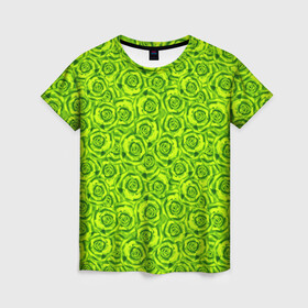 Женская футболка 3D с принтом Неоновый цветочный узор  в Кировске, 100% полиэфир ( синтетическое хлопкоподобное полотно) | прямой крой, круглый вырез горловины, длина до линии бедер | детский | женский | зеленый | лето | неоновый узор | розы | современный | яркий зеленый