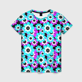 Женская футболка 3D с принтом Яркие бирюзовые цветы  в Кировске, 100% полиэфир ( синтетическое хлопкоподобное полотно) | прямой крой, круглый вырез горловины, длина до линии бедер | бирюзовые цветы | бордовый | детский | для детей | малышам | неоновый | ретро | цветочный узор