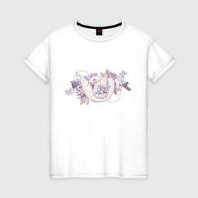 Женская футболка хлопок с принтом Белая змея и цветы в Кировске, 100% хлопок | прямой крой, круглый вырез горловины, длина до линии бедер, слегка спущенное плечо | белая | букет | бутон | ветвь | ветка | гадюка | змея | питон | розовая | удав | цветы
