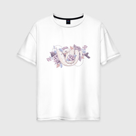 Женская футболка хлопок Oversize с принтом Белая змея и цветы в Кировске, 100% хлопок | свободный крой, круглый ворот, спущенный рукав, длина до линии бедер
 | белая | букет | бутон | ветвь | ветка | гадюка | змея | питон | розовая | удав | цветы
