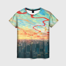 Женская футболка 3D с принтом Токио красками в Кировске, 100% полиэфир ( синтетическое хлопкоподобное полотно) | прямой крой, круглый вырез горловины, длина до линии бедер | акварелью | аниме | ветер | город | закат | здания | красками | мегаполис | облака | постройки | рассвет | стиль | столица | токио | тучи | япония