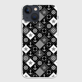 Чехол для iPhone 13 mini с принтом Черно белый морской плед в Кировске,  |  | для мальчика | клетка | модный | молодежный | море | морской | пэчворк | черно белый узор | штурвал