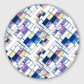 Коврик для мышки круглый с принтом Этнический узор пэчворк  в Кировске, резина и полиэстер | круглая форма, изображение наносится на всю лицевую часть | абстрактный | белый и синий | геометрический | заплатки | популярный | современный | этнический