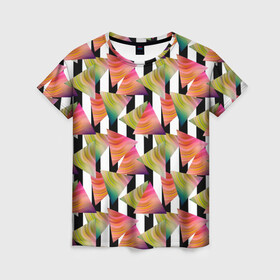Женская футболка 3D с принтом Абстрактный полосатый узор  в Кировске, 100% полиэфир ( синтетическое хлопкоподобное полотно) | прямой крой, круглый вырез горловины, длина до линии бедер | абстрактный | геометрические фигуры | молодежный | полосатый | радужный | черные полосы