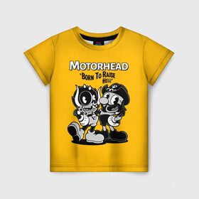 Детская футболка 3D с принтом Motorhead x Cuphead в Кировске, 100% гипоаллергенный полиэфир | прямой крой, круглый вырез горловины, длина до линии бедер, чуть спущенное плечо, ткань немного тянется | Тематика изображения на принте: alternative | cuphead | metall | motorhead | music | rock | альтернатива | капхэд | лемми | металл | моторхед | моторхэд | музыка | рок