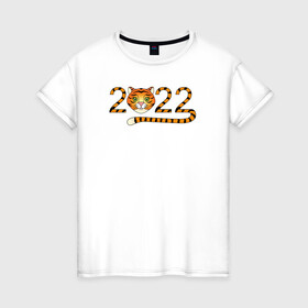 Женская футболка хлопок с принтом Год Тигра 2022 с мордочкой в Кировске, 100% хлопок | прямой крой, круглый вырез горловины, длина до линии бедер, слегка спущенное плечо | 2022 | дата | животное | полоски | символ | тигр | хвост