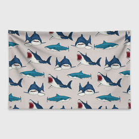 Флаг-баннер с принтом Кровожадные акулы паттерн в Кировске, 100% полиэстер | размер 67 х 109 см, плотность ткани — 95 г/м2; по краям флага есть четыре люверса для крепления | shark | акулы | кровожадные акулы | морские обитатели | опасный | паттерн | синий