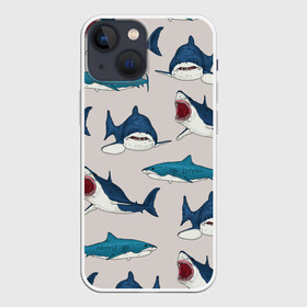 Чехол для iPhone 13 mini с принтом Кровожадные акулы паттерн в Кировске,  |  | shark | акулы | кровожадные акулы | морские обитатели | опасный | паттерн | синий