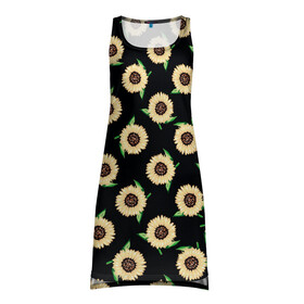 Платье-майка 3D с принтом Подсолнухи паттерн в Кировске, 100% полиэстер | полуприлегающий силуэт, широкие бретели, круглый вырез горловины, удлиненный подол сзади. | желтый | зеленый | паттерн | подсолнухи | цветы | черный