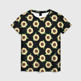 Женская футболка 3D с принтом Подсолнухи паттерн в Кировске, 100% полиэфир ( синтетическое хлопкоподобное полотно) | прямой крой, круглый вырез горловины, длина до линии бедер | желтый | зеленый | паттерн | подсолнухи | цветы | черный