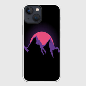 Чехол для iPhone 13 mini с принтом горы на фоне заката в Кировске,  |  | 80s | горы | закат | киберпанк | минимализм | неон | неоновый закат | розовое солнце | розовый | фиолетовый