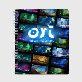 Тетрадь с принтом Ori and the Will of the Wisps в Кировске, 100% бумага | 48 листов, плотность листов — 60 г/м2, плотность картонной обложки — 250 г/м2. Листы скреплены сбоку удобной пружинной спиралью. Уголки страниц и обложки скругленные. Цвет линий — светло-серый
 | adventure | collage | computer game | frames | ori | ori and the will of the wisps | spirit of the forest | дух леса | кадры | коллаж | компьютерная игра | ори | ори и блуждающие огоньки | приключения