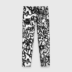 Детские леггинсы 3D с принтом Graffiti black on white в Кировске, полиэстер 85%, спандекс 15% | эластичный пояс, зауженный крой | Тематика изображения на принте: абстракция | граффити | надписи | надписи текстура | паттерн граффити | текстура | текстура граффити | шрифт