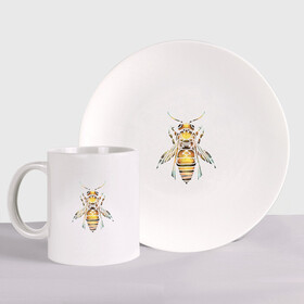 Набор: тарелка + кружка с принтом Акварельная пчела в Кировске, керамика | Кружка: объем — 330 мл, диаметр — 80 мм. Принт наносится на бока кружки, можно сделать два разных изображения. 
Тарелка: диаметр - 210 мм, диаметр для нанесения принта - 120 мм. | bee | акварель | акварельная пчела | большая пчела | насекомое | пчела | реалистичная пчела